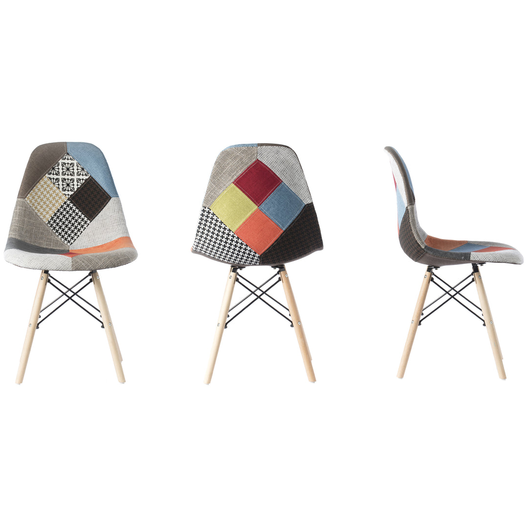 Mid-Century Modern Upholstered Plastic Multicolor Fabric Patchwork DSW Shell Dining Chair with Wooden Dowel Eiffel Legs Image 6