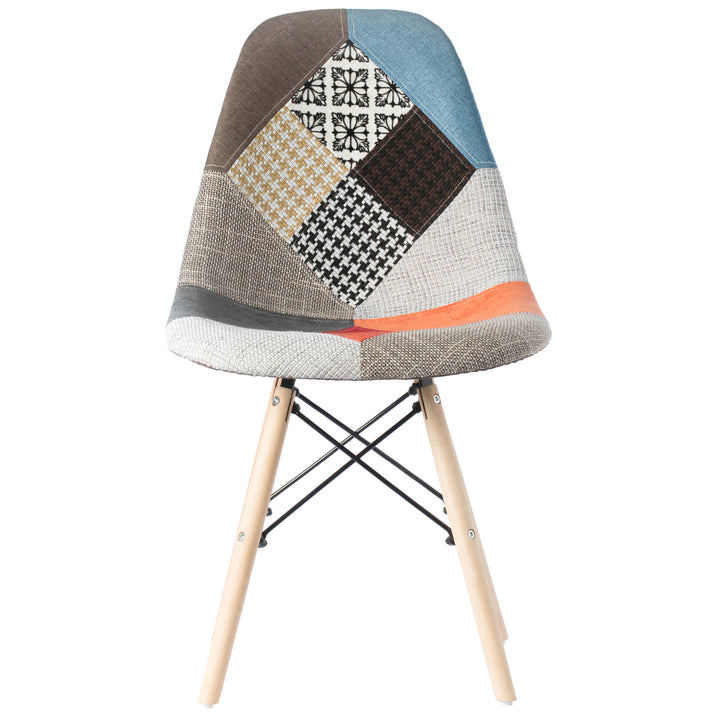 Mid-Century Modern Upholstered Plastic Multicolor Fabric Patchwork DSW Shell Dining Chair with Wooden Dowel Eiffel Legs Image 8