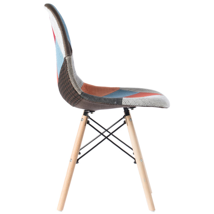 Mid-Century Modern Upholstered Plastic Multicolor Fabric Patchwork DSW Shell Dining Chair with Wooden Dowel Eiffel Legs Image 10