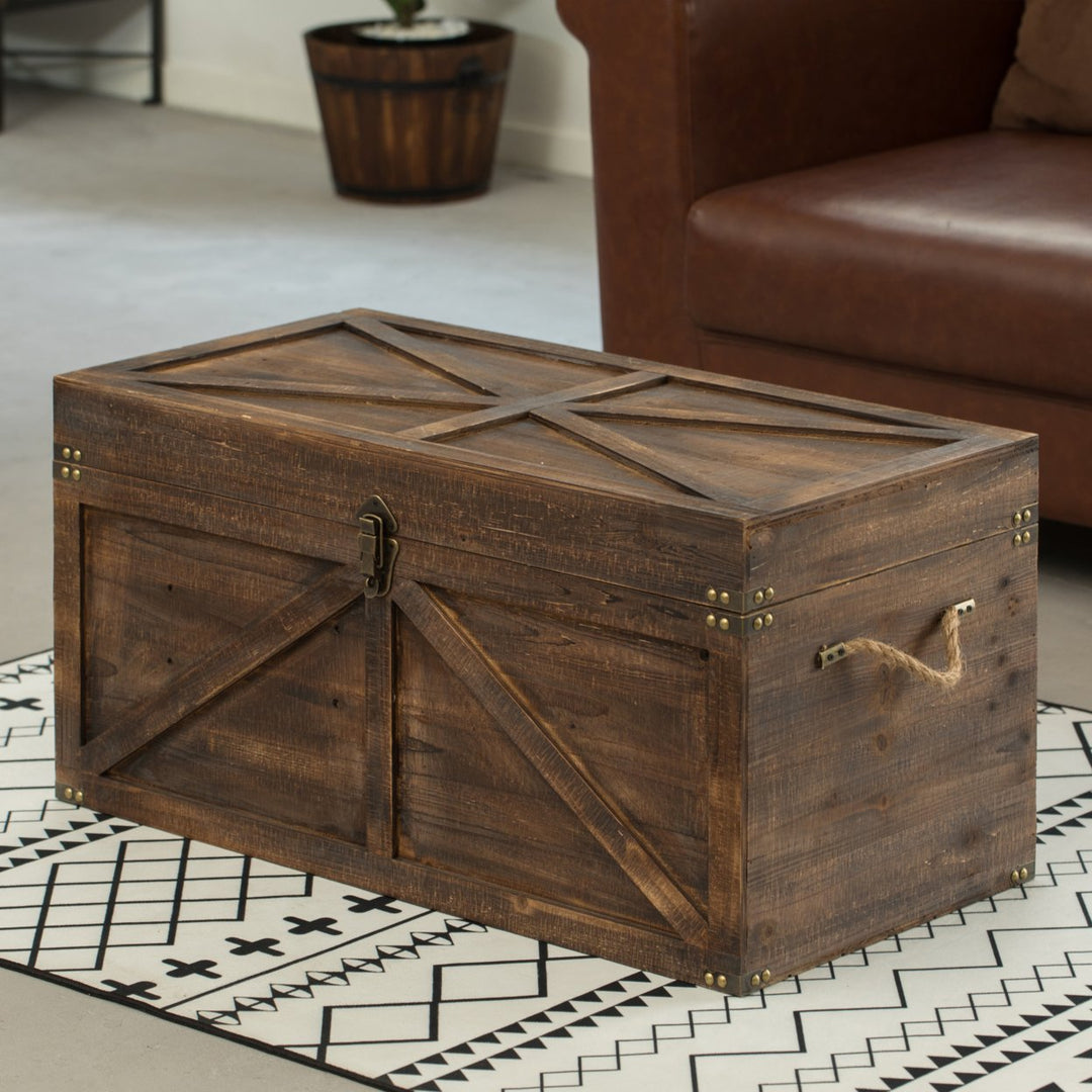 Brown Large Wooden Lockable Trunk Farmhouse Style Rustic Design Lined Storage Chest with Rope Handles Image 6