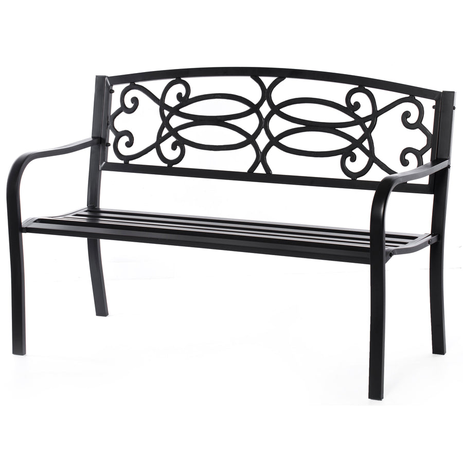 Steel Outdoor Patio Garden Park Seating Bench with Cast Iron Scrollwork Backrest, Front Porch Yard Bench Lawn Decor Image 1