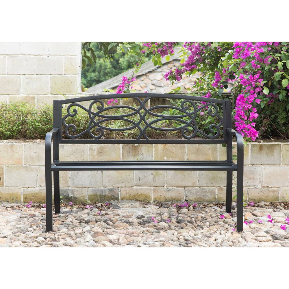 Steel Outdoor Patio Garden Park Seating Bench with Cast Iron Scrollwork Backrest, Front Porch Yard Bench Lawn Decor Image 2