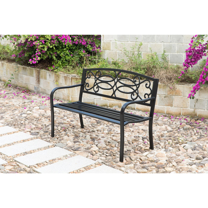 Steel Outdoor Patio Garden Park Seating Bench with Cast Iron Scrollwork Backrest, Front Porch Yard Bench Lawn Decor Image 3