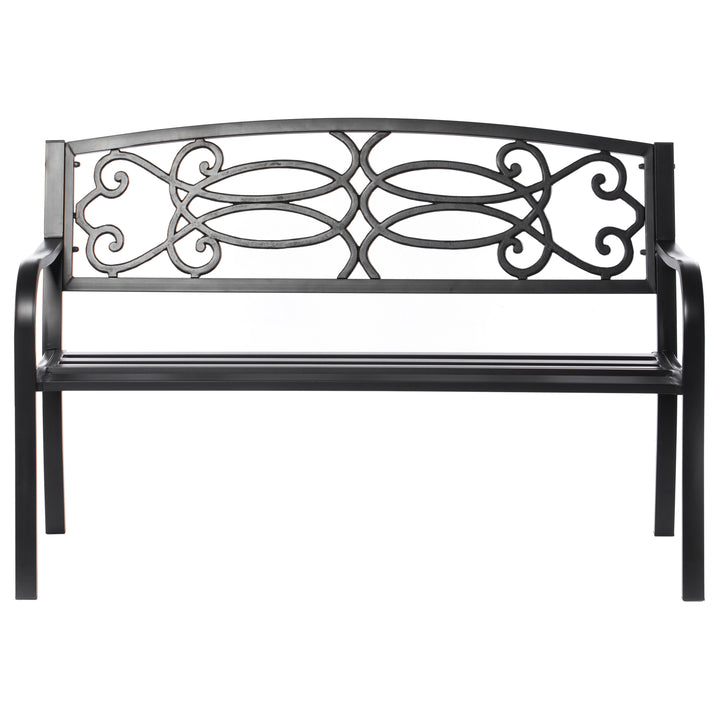Steel Outdoor Patio Garden Park Seating Bench with Cast Iron Scrollwork Backrest, Front Porch Yard Bench Lawn Decor Image 4