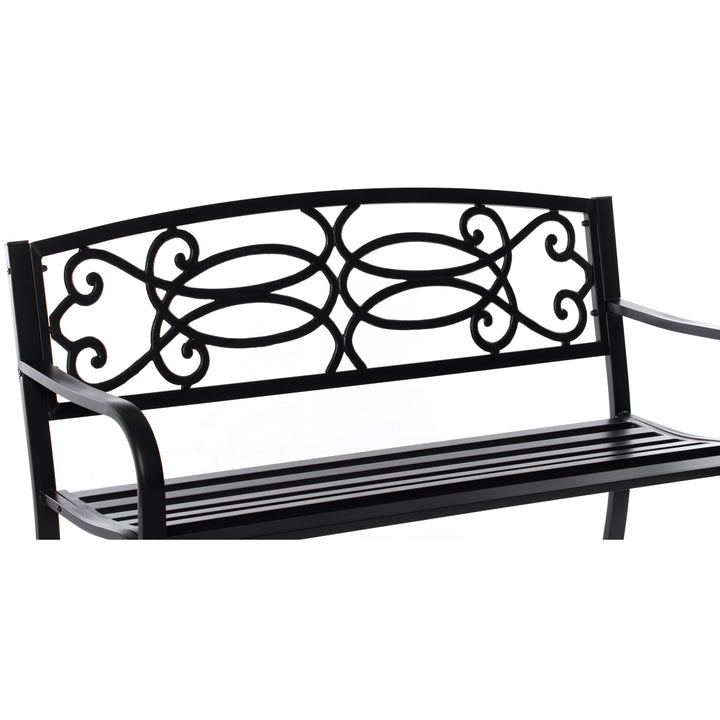 Steel Outdoor Patio Garden Park Seating Bench with Cast Iron Scrollwork Backrest, Front Porch Yard Bench Lawn Decor Image 5