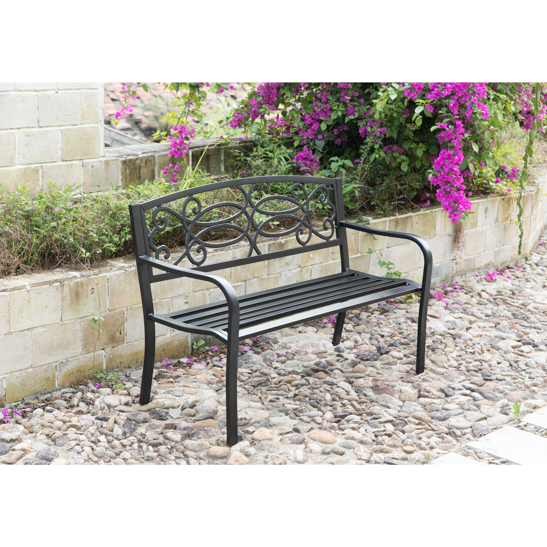 Steel Outdoor Patio Garden Park Seating Bench with Cast Iron Scrollwork Backrest, Front Porch Yard Bench Lawn Decor Image 8