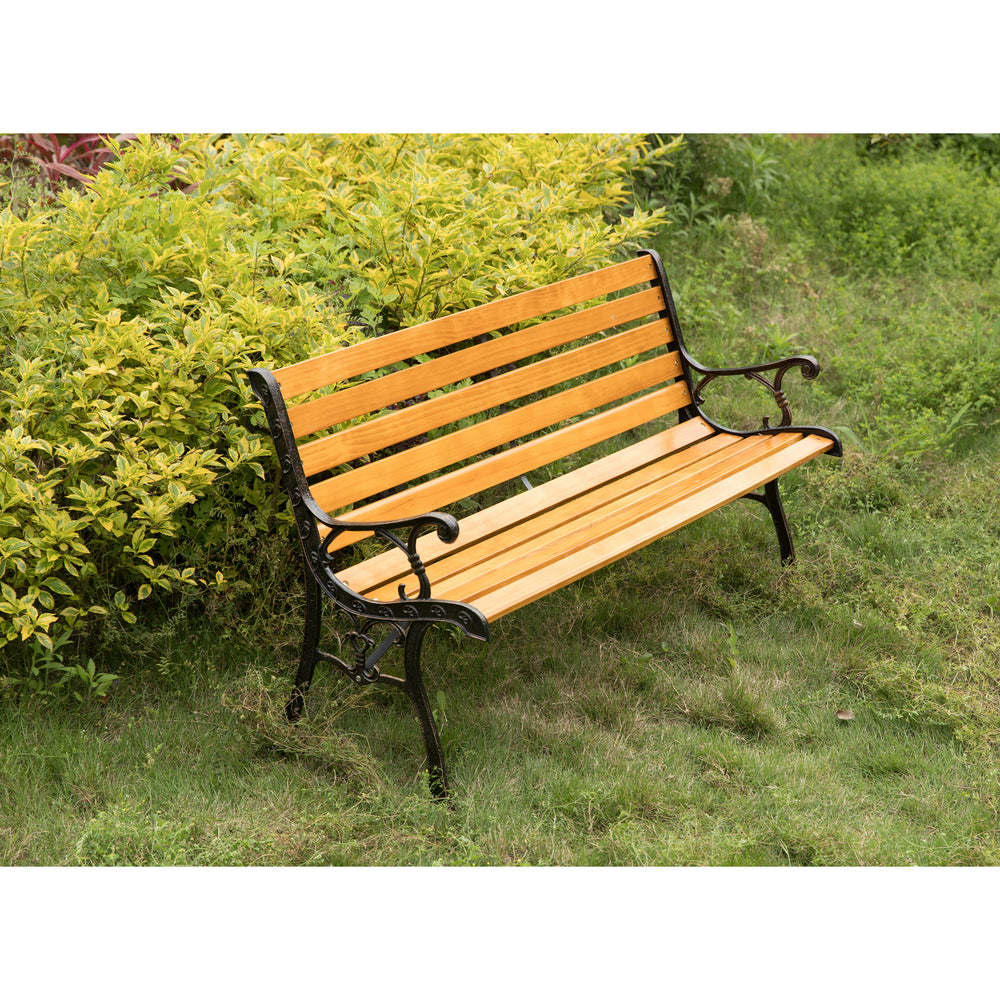 Wooden Outdoor Park Patio Garden Yard Bench with Designed Steel Armrest and Legs Image 2