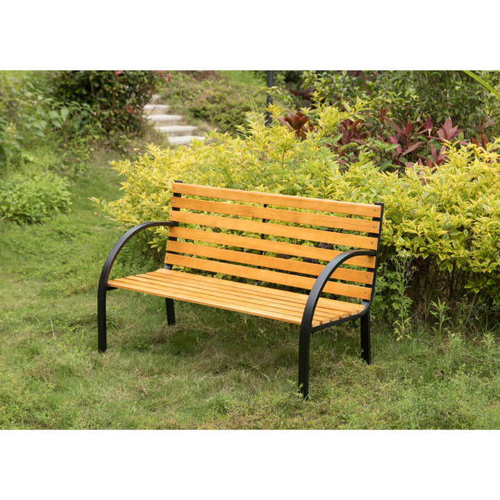 Classical Wooden Slats Outdoor Park Bench with Steel Frame, Seating Bench for Yard, Patio, Garden, Balcony, and Deck Image 3