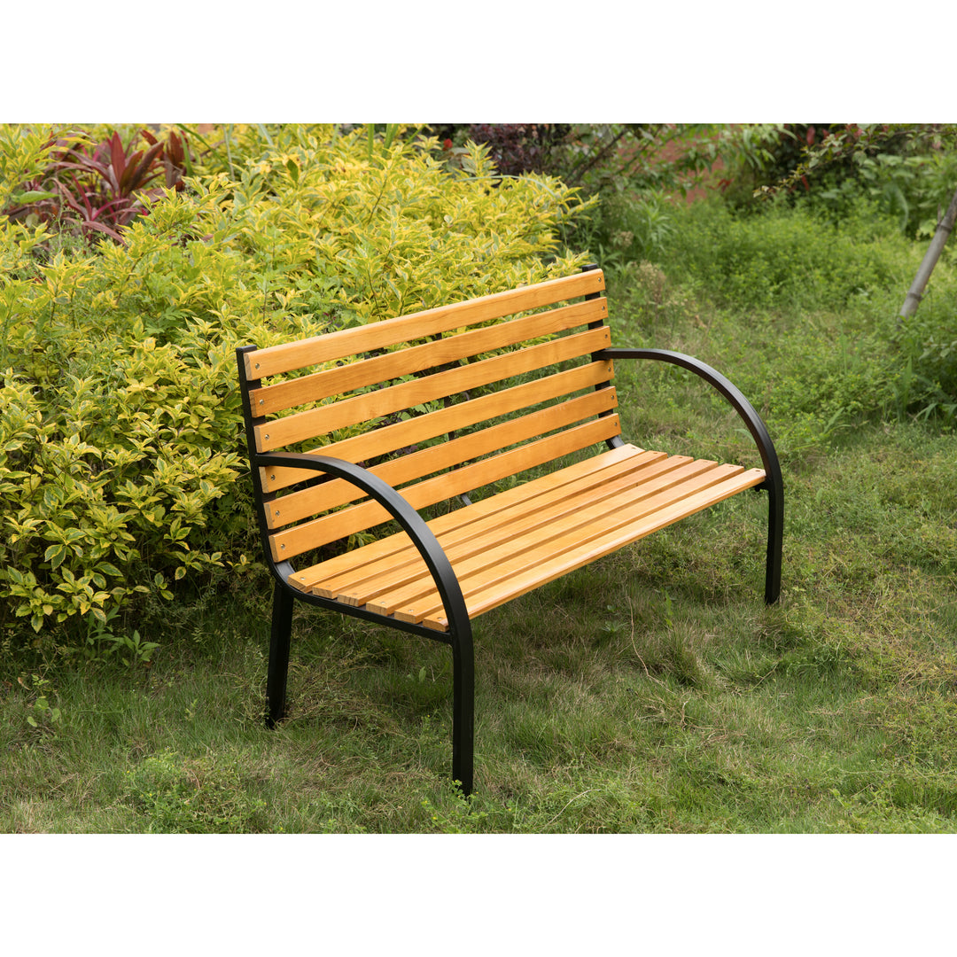 Classical Wooden Slats Outdoor Park Bench with Steel Frame, Seating Bench for Yard, Patio, Garden, Balcony, and Deck Image 4