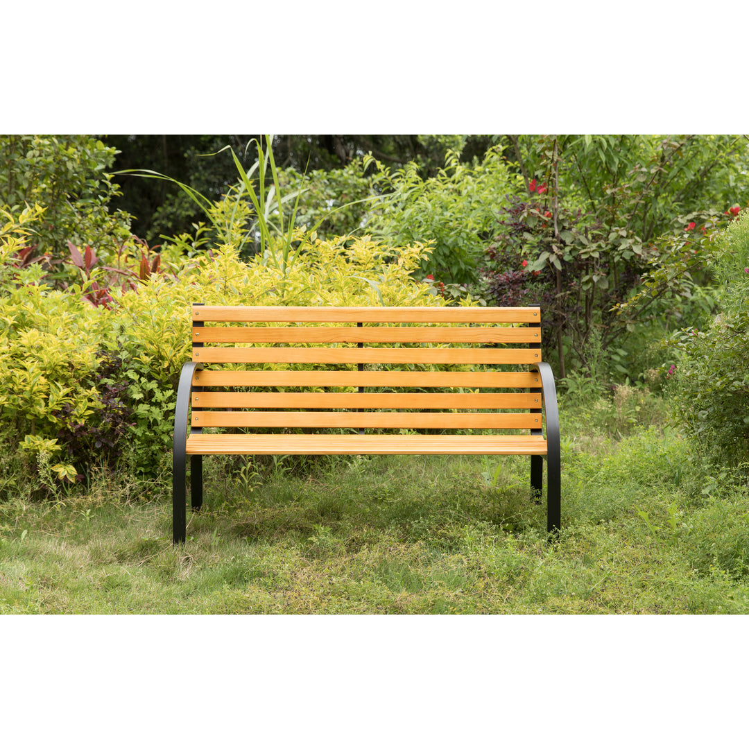 Classical Wooden Slats Outdoor Park Bench with Steel Frame, Seating Bench for Yard, Patio, Garden, Balcony, and Deck Image 7