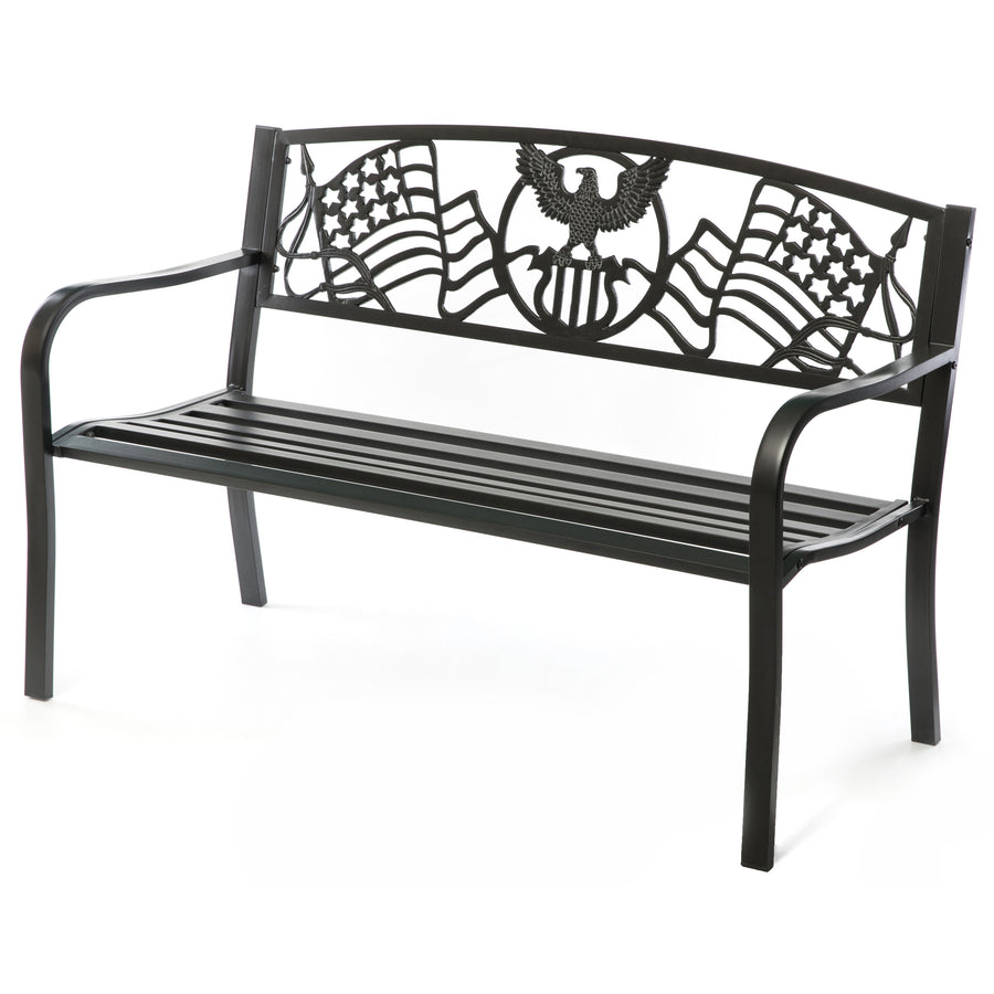 Steel Outdoor Patio Garden Park Seating Bench with Cast Iron Patriotic American Flag and Eagle Backrest, Front Porch Image 1