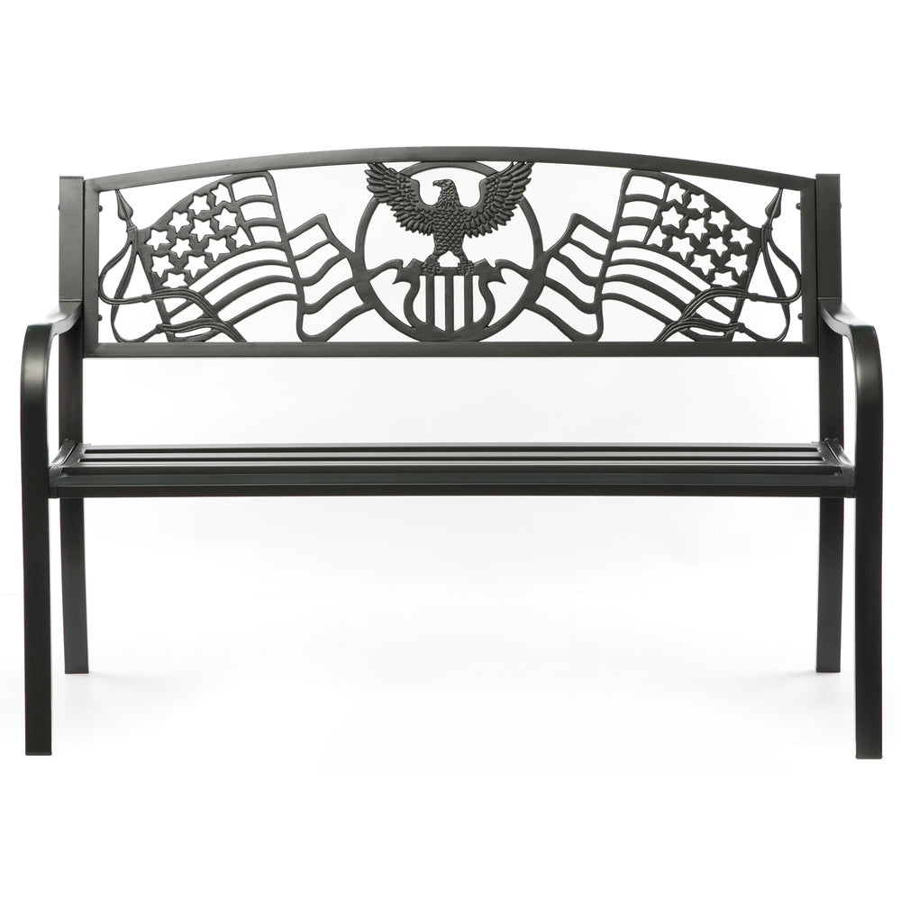 Steel Outdoor Patio Garden Park Seating Bench with Cast Iron Patriotic American Flag and Eagle Backrest, Front Porch Image 2