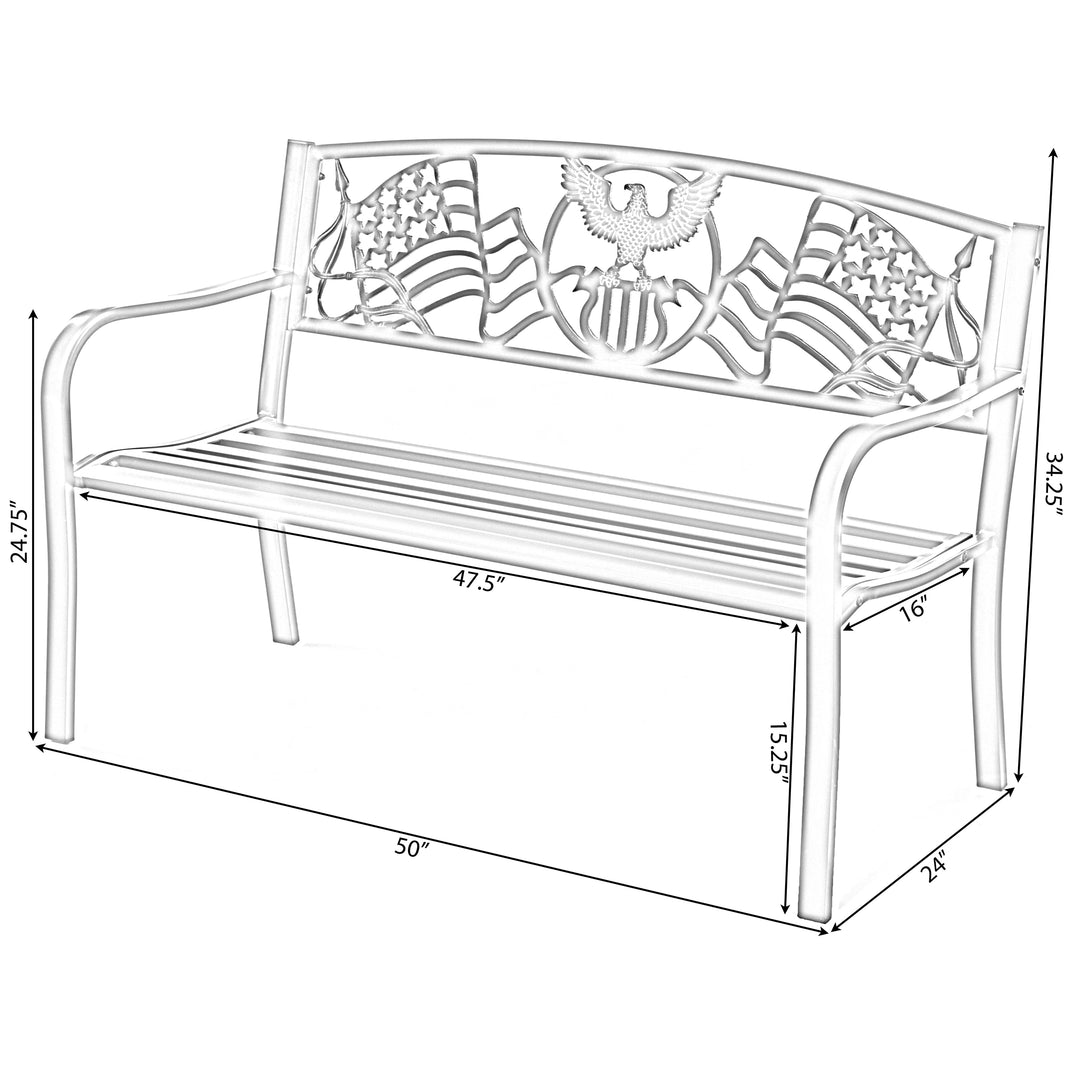 Steel Outdoor Patio Garden Park Seating Bench with Cast Iron Patriotic American Flag and Eagle Backrest, Front Porch Image 4