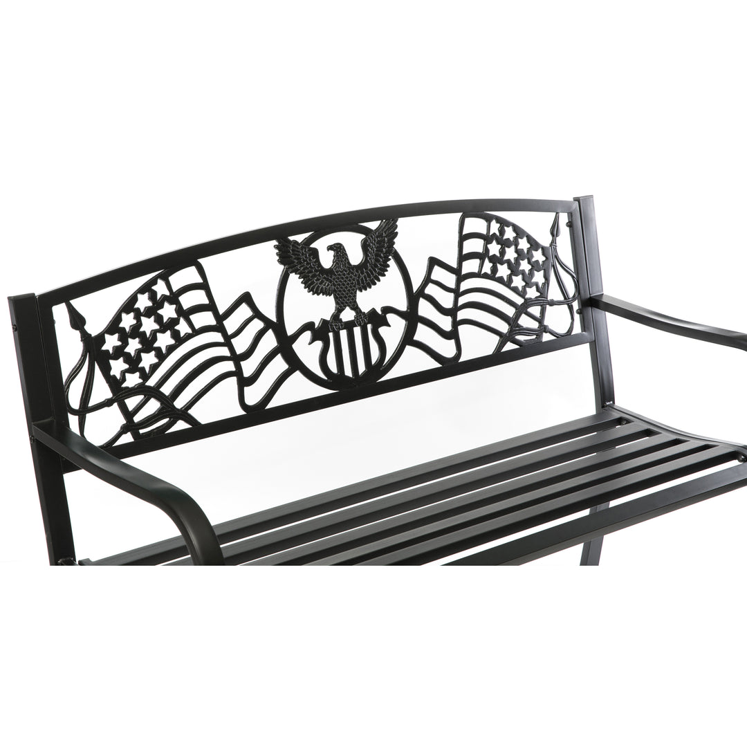 Steel Outdoor Patio Garden Park Seating Bench with Cast Iron Patriotic American Flag and Eagle Backrest, Front Porch Image 6