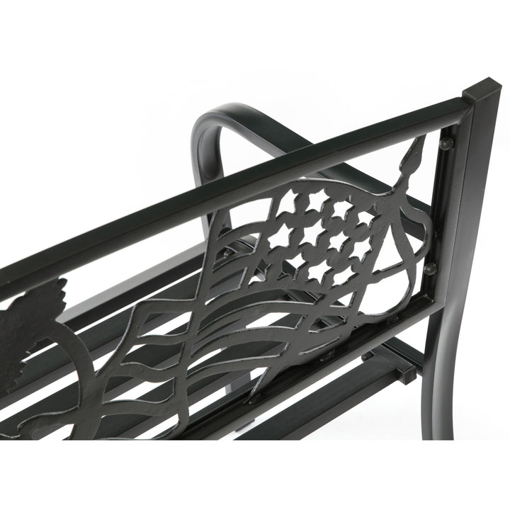 Steel Outdoor Patio Garden Park Seating Bench with Cast Iron Patriotic American Flag and Eagle Backrest, Front Porch Image 9