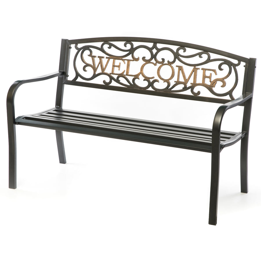 Steel Outdoor Patio Garden Park Seating Bench with Cast Iron Welcome Backrest, Front Porch Yard Bench Lawn Decor Image 1