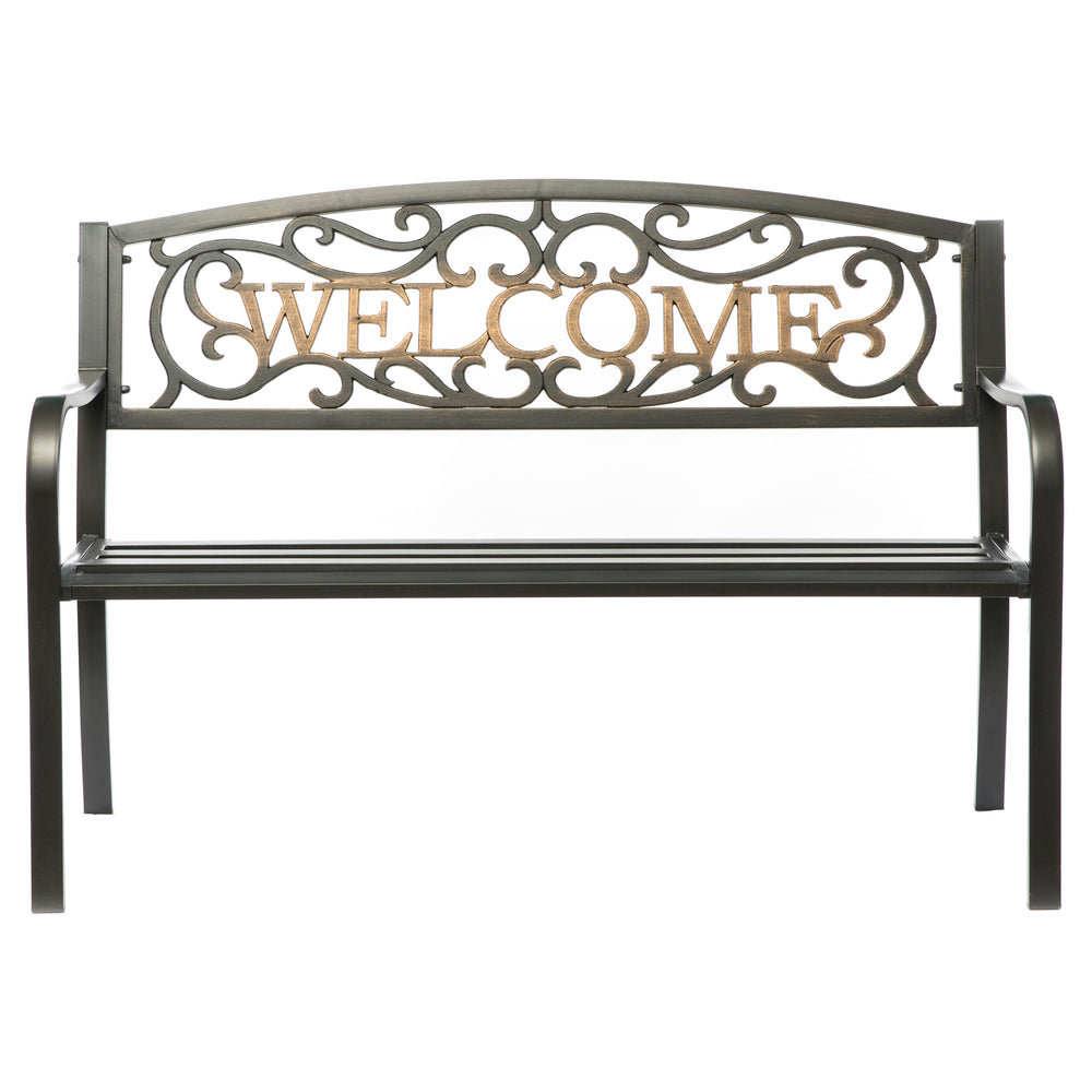 Steel Outdoor Patio Garden Park Seating Bench with Cast Iron Welcome Backrest, Front Porch Yard Bench Lawn Decor Image 2
