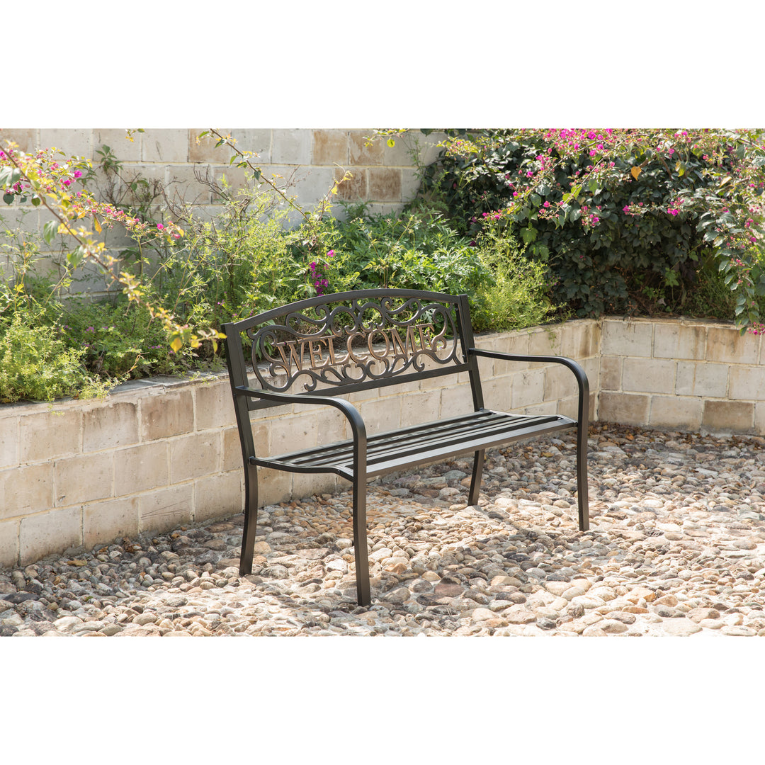 Steel Outdoor Patio Garden Park Seating Bench with Cast Iron Welcome Backrest, Front Porch Yard Bench Lawn Decor Image 3