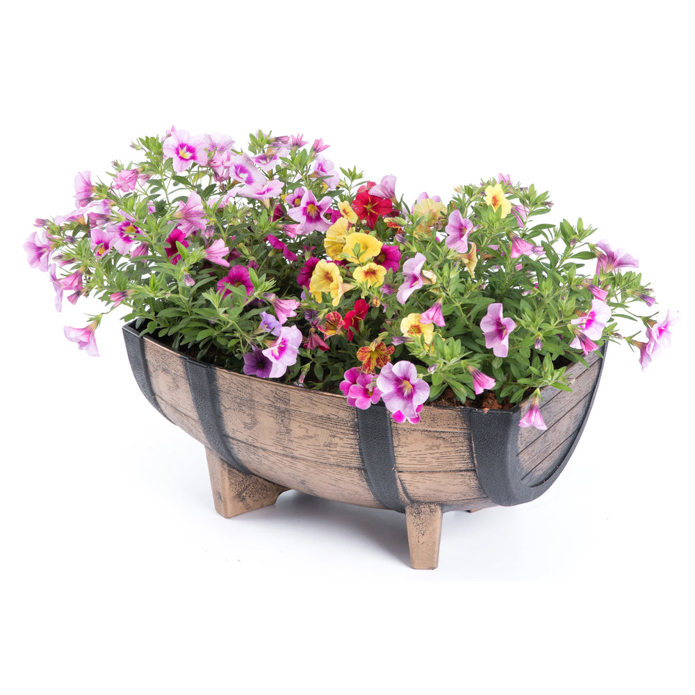 Rustic Wood- Look Plastic Half Barrel Flower Pot Garden Planter, Pack of 2 Image 2