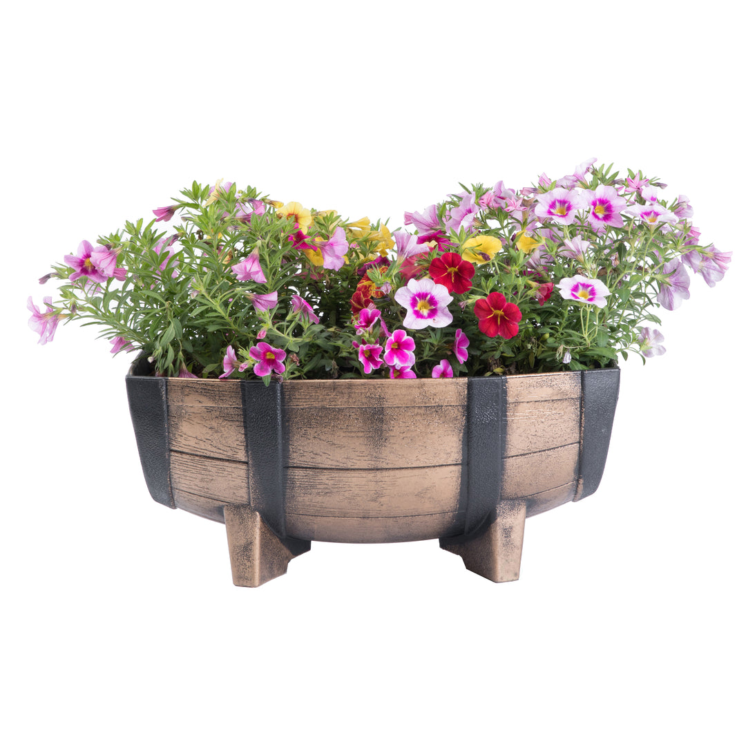 Rustic Wood- Look Plastic Half Barrel Flower Pot Garden Planter, Pack of 2 Image 3