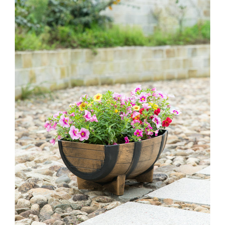 Rustic Wood- Look Plastic Half Barrel Flower Pot Garden Planter, Pack of 2 Image 7
