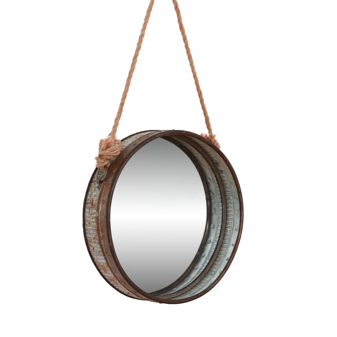 Galvanized Metal Framed Round Wall Mirror with Rope Image 3