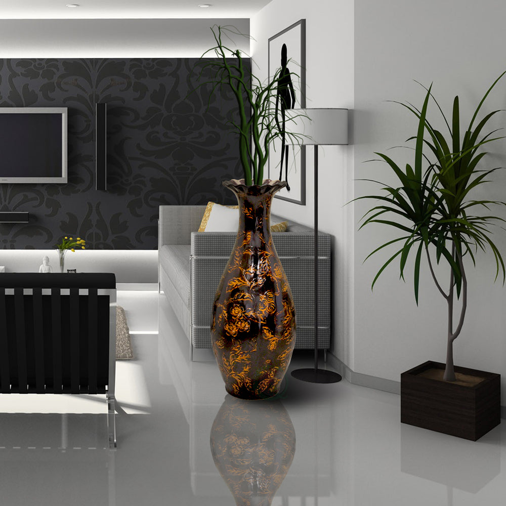 Tall Floor Vase, Traditional Brown home interior Vase, Ceramic Flower Holder Centerpiece for room decor, Livingroom Image 2