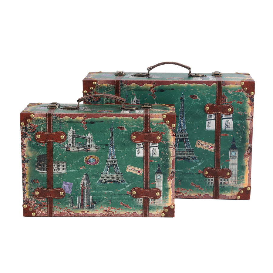 Set of 2 European Landmarks Vintage Wooden Luggage with Leather Straps and Handle Image 1