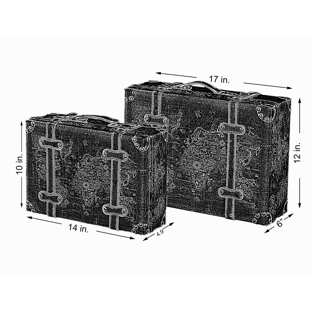 Set of 2 Vintage-Style World Map Leather Suitcase Trunks with Straps and Handle Image 6