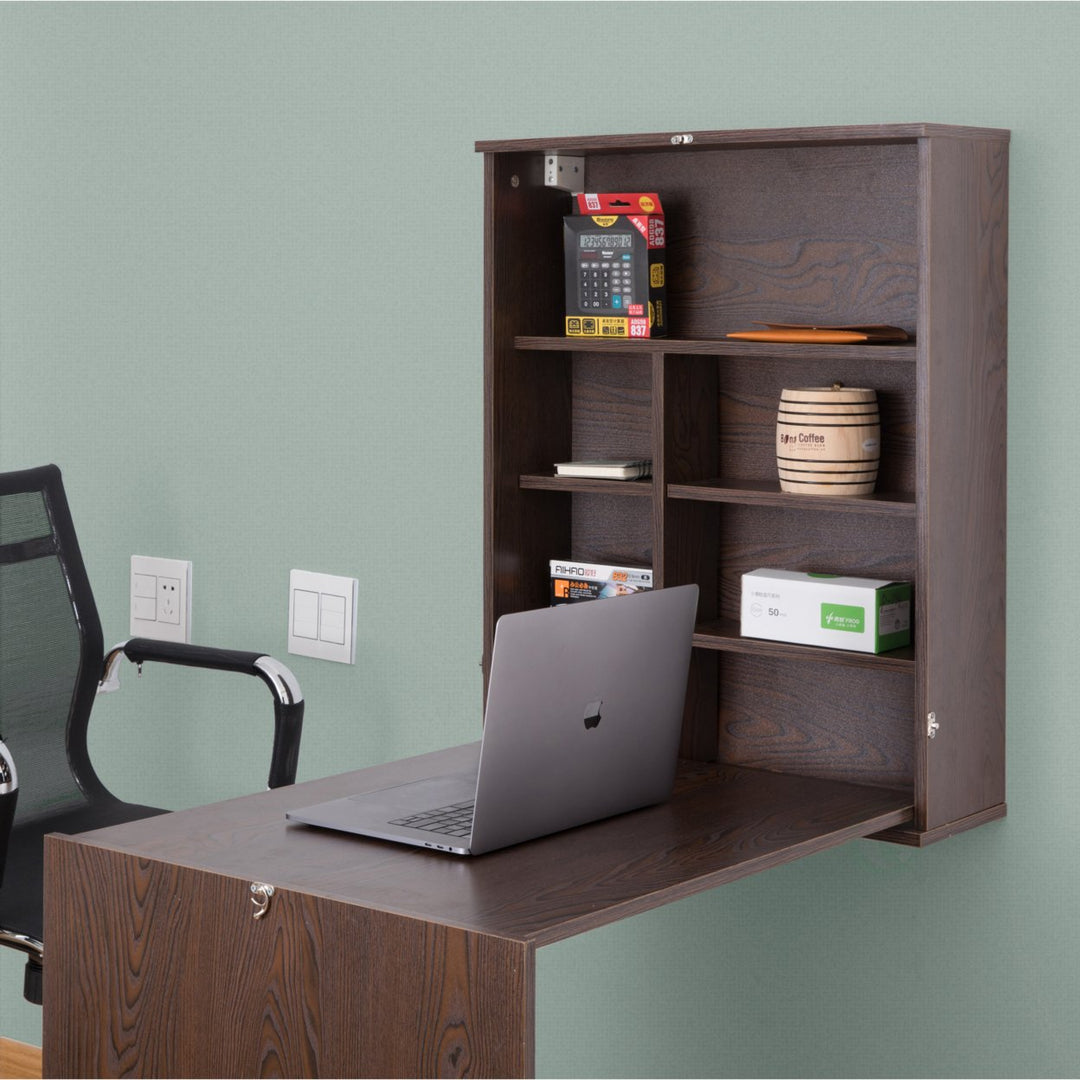 Wall Mount Laptop Fold-out Desk with Shelves Image 3