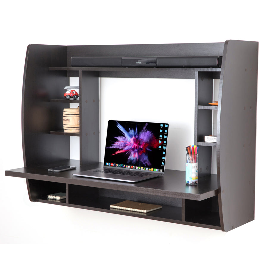 Wall Mount Laptop Office Desk with Shelves Image 1