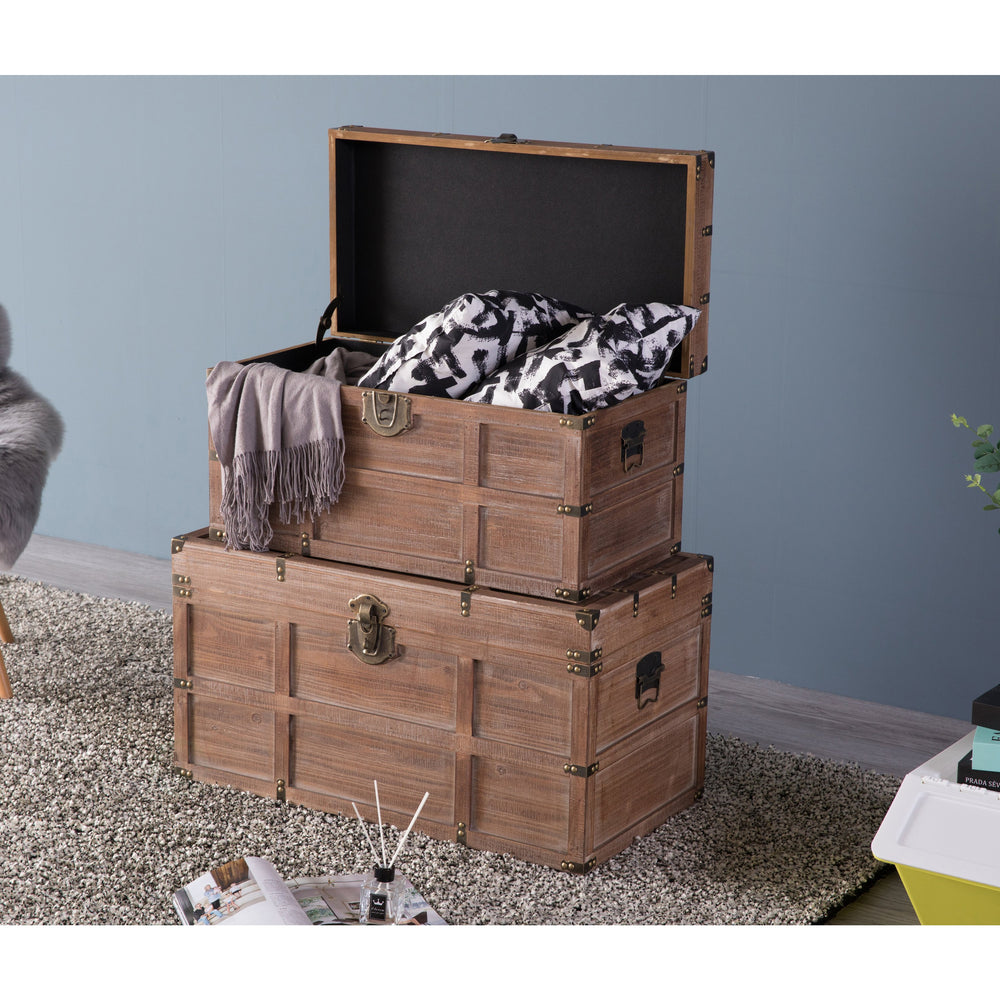Wooden Rectangular Lined Rustic Storage Trunk with Latc Image 2