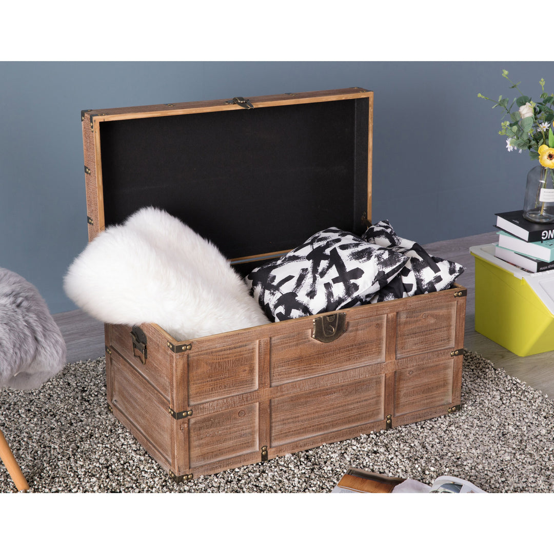 Wooden Rectangular Lined Rustic Storage Trunk with Latc Image 8