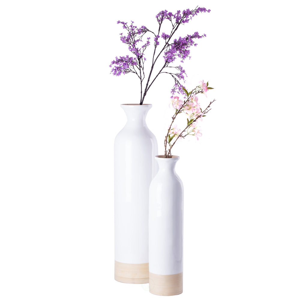 Elegant Black or White Cylinder Shaped Tall Spun Bamboo Floor Vases, Embellished with a Glossy Lacquer, and Enhanced Image 1