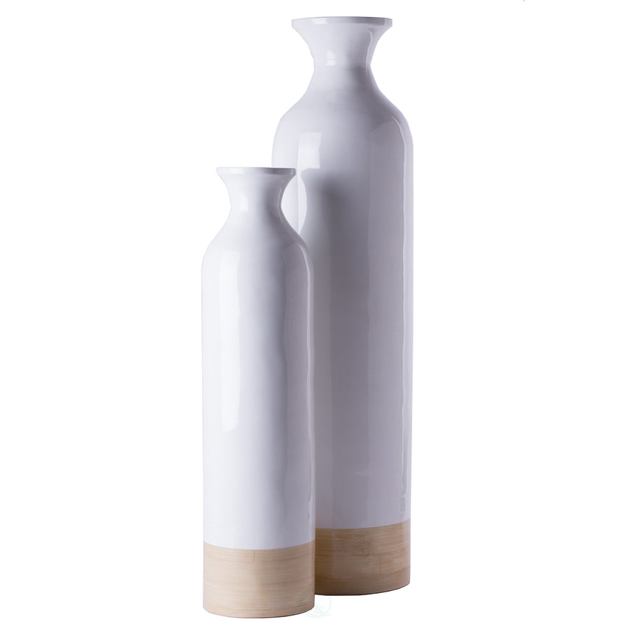Elegant Black or White Cylinder Shaped Tall Spun Bamboo Floor Vases, Embellished with a Glossy Lacquer, and Enhanced Image 2
