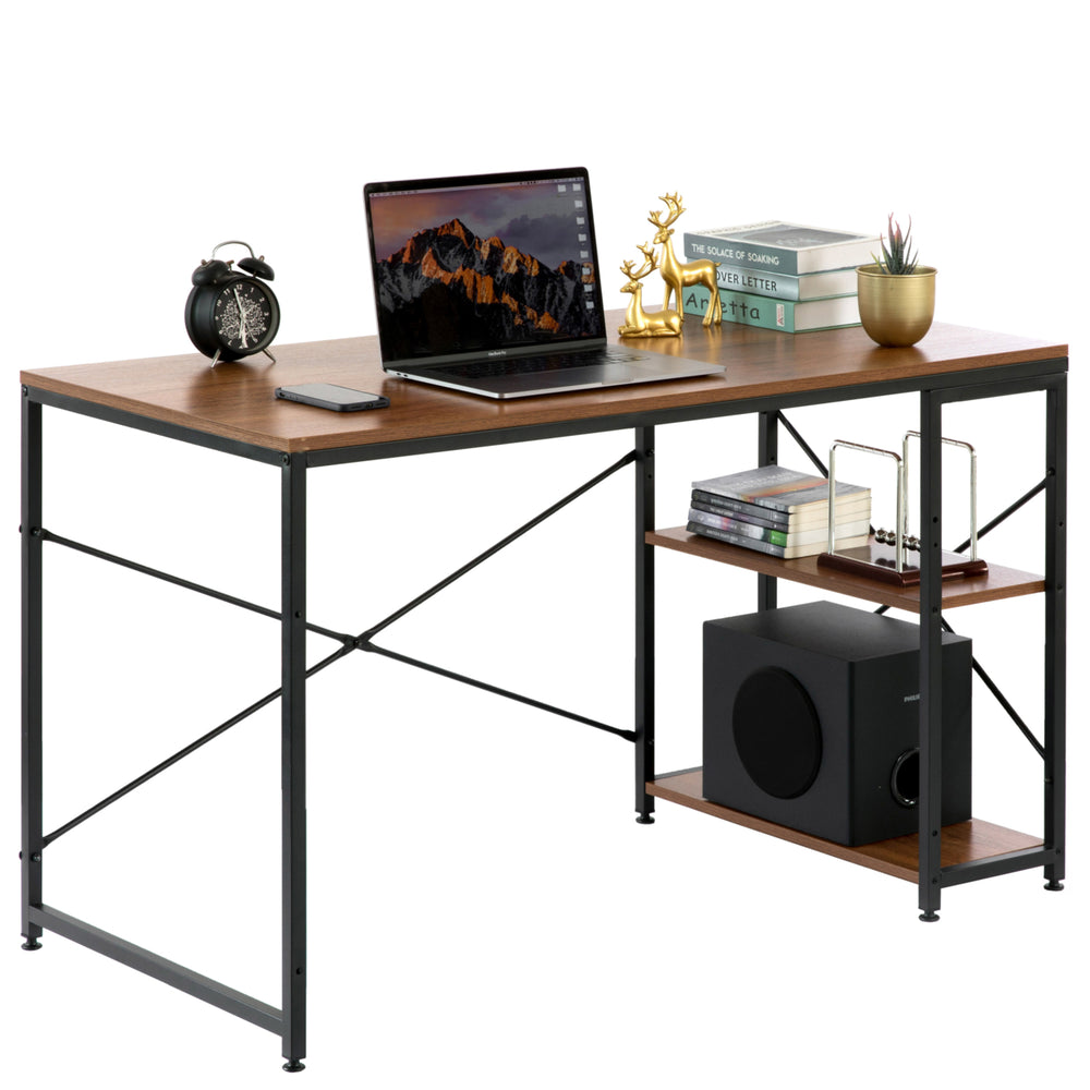 Industrial Rectangular Wood and Metal Home Office Computer Desk with 2 Side Shelves Image 2