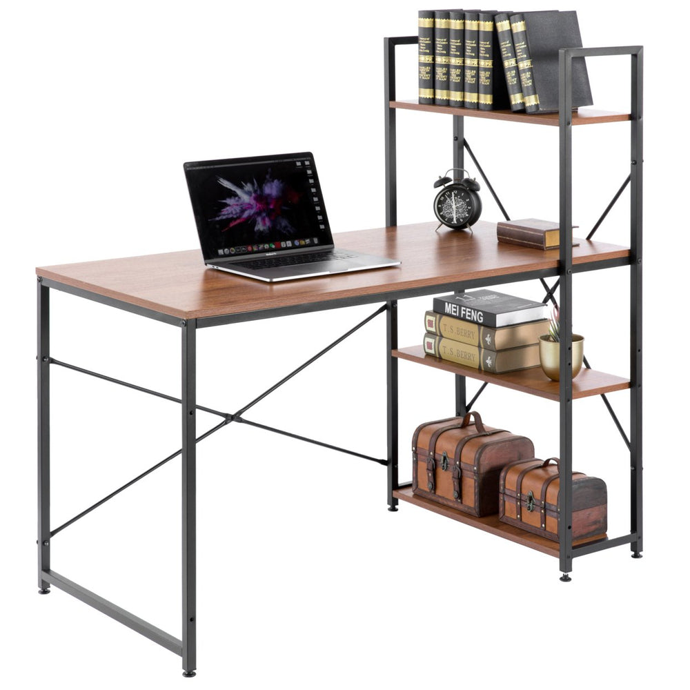 Wood and Metal Industrial Home Office Computer Desk with Bookshelves Image 2