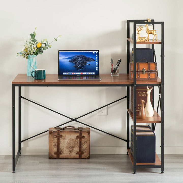 Wood and Metal Industrial Home Office Computer Desk with Bookshelves Image 3