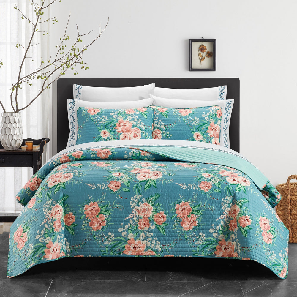 Palm Spring 9 or 6 Piece Quilt Set Watercolor Floral Pattern Print Bed In A Bag Image 2
