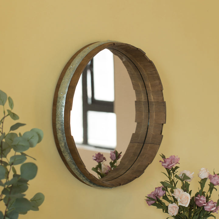 Round Rustic Wood and Galvanized Metal Framed Wine Barrel Shaped Wall Mirror Image 5