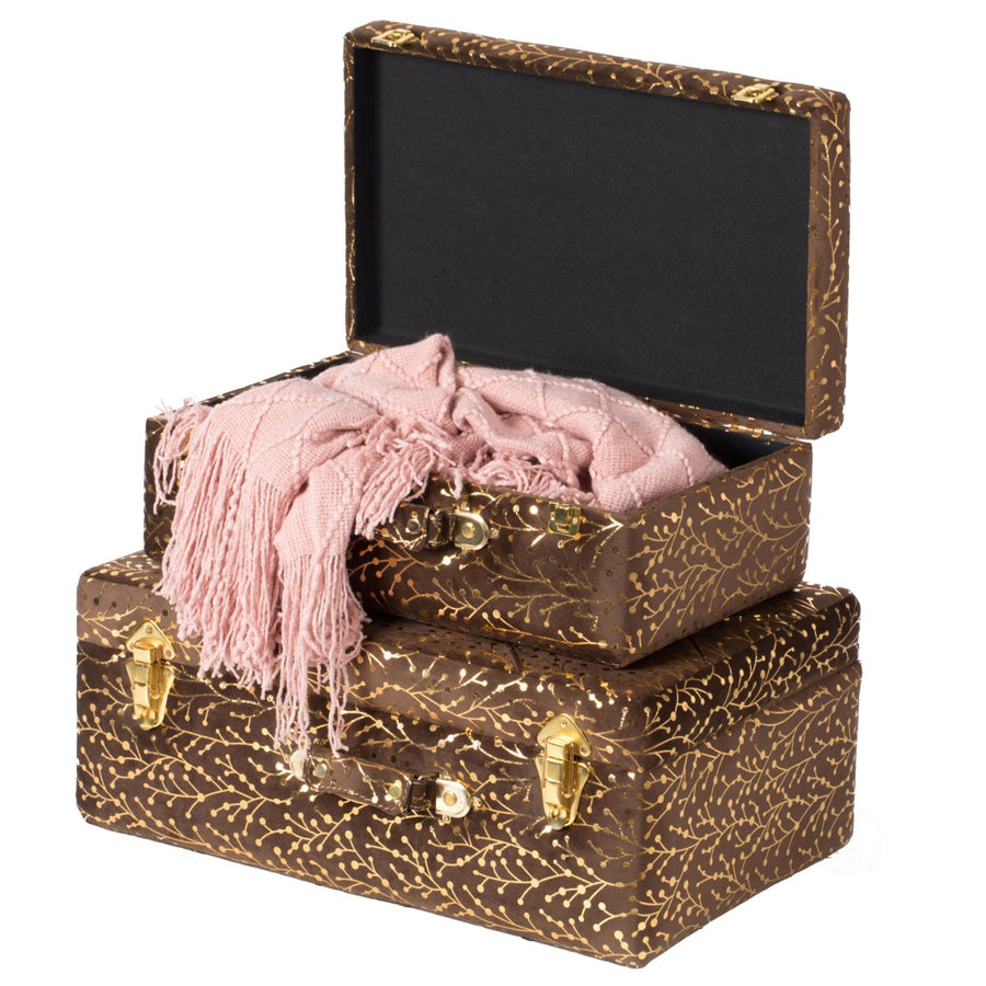 Decorative Tufted Velvet Suitcase Treasure Chest Set of 2, Brown Image 1