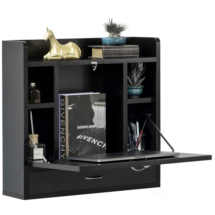 Wall Mount Folding Laptop Writing Computer or Makeup Desk with Storage Shelves and Drawer Image 1