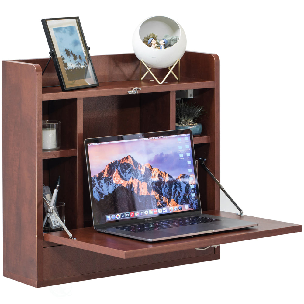 Wall Mount Folding Laptop Writing Computer or Makeup Desk with Storage Shelves and Drawer Image 2