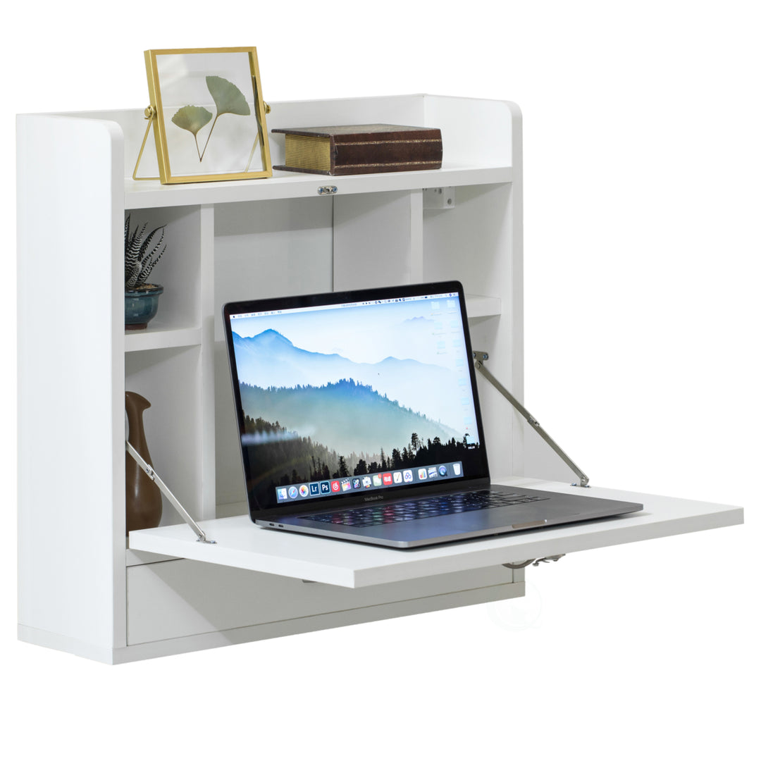 Wall Mount Folding Laptop Writing Computer or Makeup Desk with Storage Shelves and Drawer Image 3
