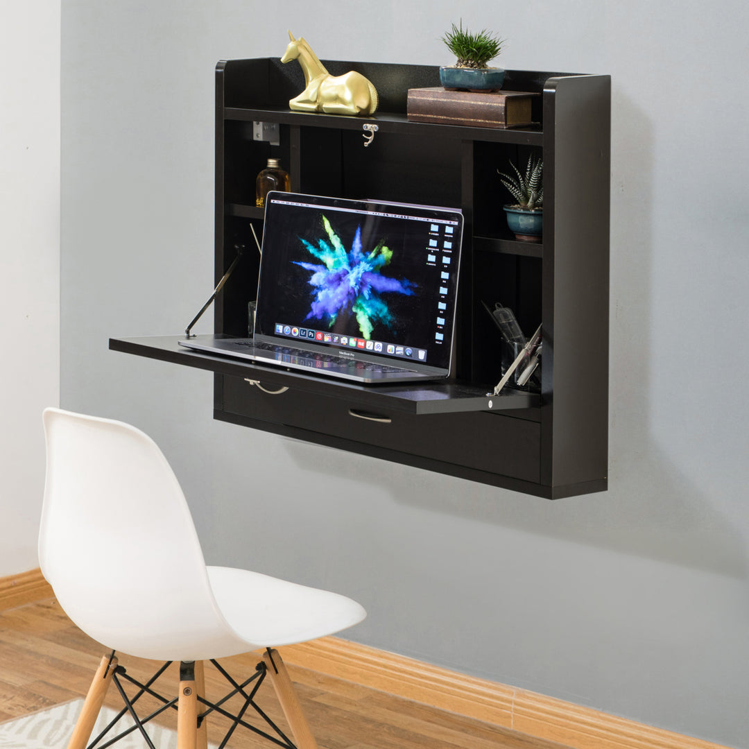 Wall Mount Folding Laptop Writing Computer or Makeup Desk with Storage Shelves and Drawer Image 4
