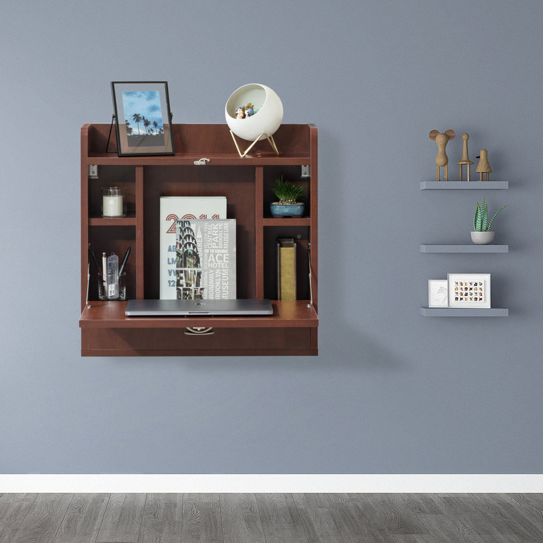 Wall Mount Folding Laptop Writing Computer or Makeup Desk with Storage Shelves and Drawer Image 5