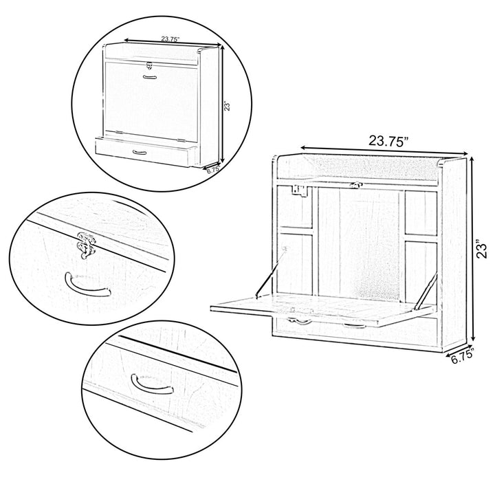 Wall Mount Folding Laptop Writing Computer or Makeup Desk with Storage Shelves and Drawer Image 7