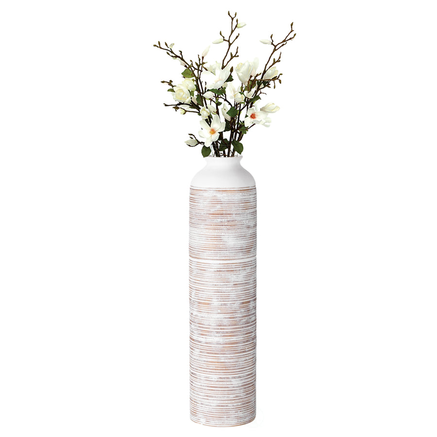 Contemporary Floor Vase - Ribbed 20-Inch-Tall Trumpet Style Ceramic White Table Vase - Modern  Accent  Elegant Sleek Image 1