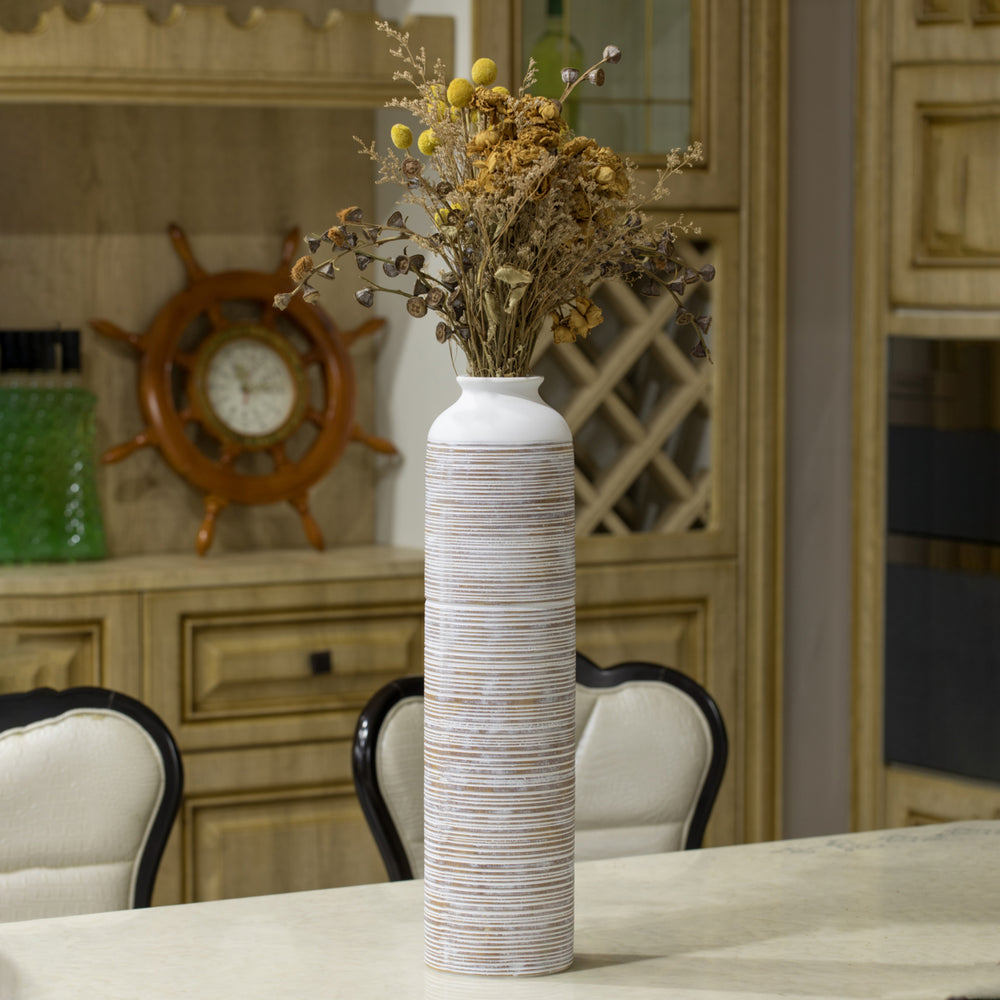 Contemporary Floor Vase - Ribbed 20-Inch-Tall Trumpet Style Ceramic White Table Vase - Modern  Accent  Elegant Sleek Image 2