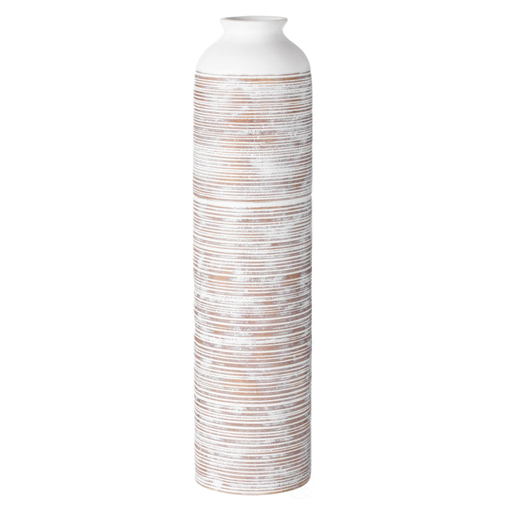 Contemporary Floor Vase - Ribbed 20-Inch-Tall Trumpet Style Ceramic White Table Vase - Modern  Accent  Elegant Sleek Image 3